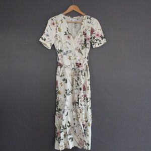 Floral white linen wrap dress